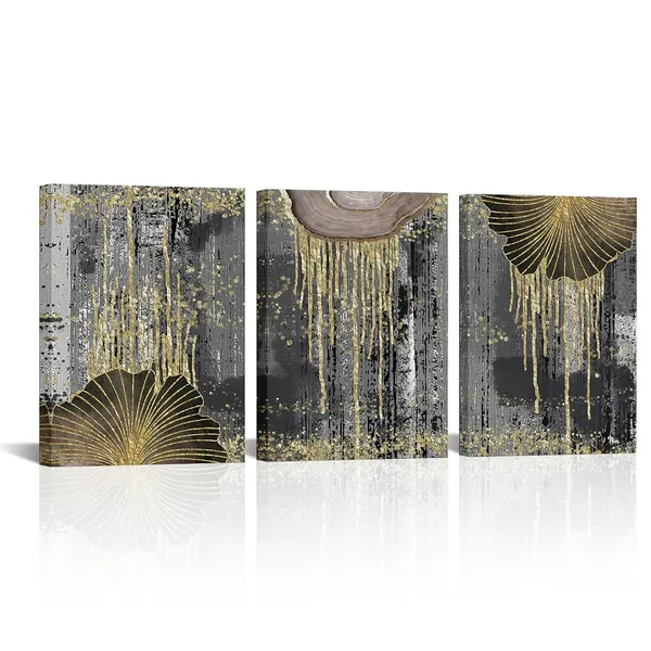 Black_3_Pieces_Grey_And_Gold_Abstract_Wall_Art_Canvas_Prints_Tree_Annual_Ring_Wood_Spiral_Black_&_White_Minimalist_Paintings_Wall_Decor_Modern_Artwork_|_For_Living_Room_Office_12"X16"X3Pcs