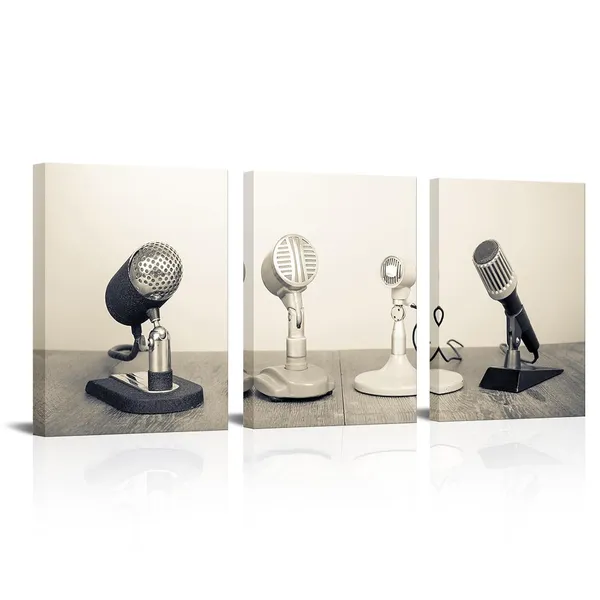 White_3_Pieces_Vintage_Microphones_Raido_Pictures_Canvas_Wall_Art_Black_And_White_Retro_Press_Conference_Prints_Wall_Decor_Modern_Artwork_|_For_Living_Room_Office_12"X16"X3Pcs