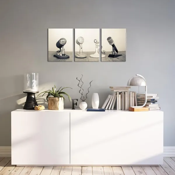 White_3_Pieces_Vintage_Microphones_Raido_Pictures_Canvas_Wall_Art_Black_And_White_Retro_Press_Conference_Prints_Wall_Decor_Modern_Artwork_|_For_Living_Room_Office_12"X16"X3Pcs