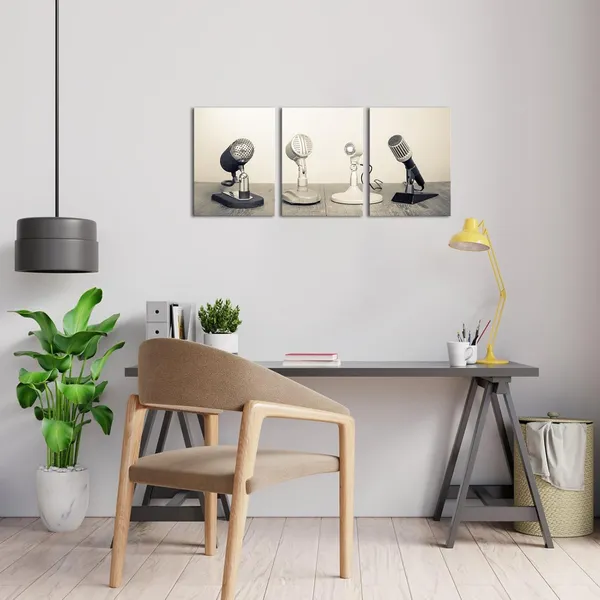 White_3_Pieces_Vintage_Microphones_Raido_Pictures_Canvas_Wall_Art_Black_And_White_Retro_Press_Conference_Prints_Wall_Decor_Modern_Artwork_|_For_Living_Room_Office_12"X16"X3Pcs