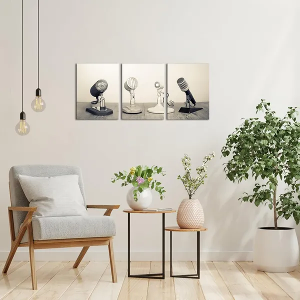 White_3_Pieces_Vintage_Microphones_Raido_Pictures_Canvas_Wall_Art_Black_And_White_Retro_Press_Conference_Prints_Wall_Decor_Modern_Artwork_|_For_Living_Room_Office_12"X16"X3Pcs