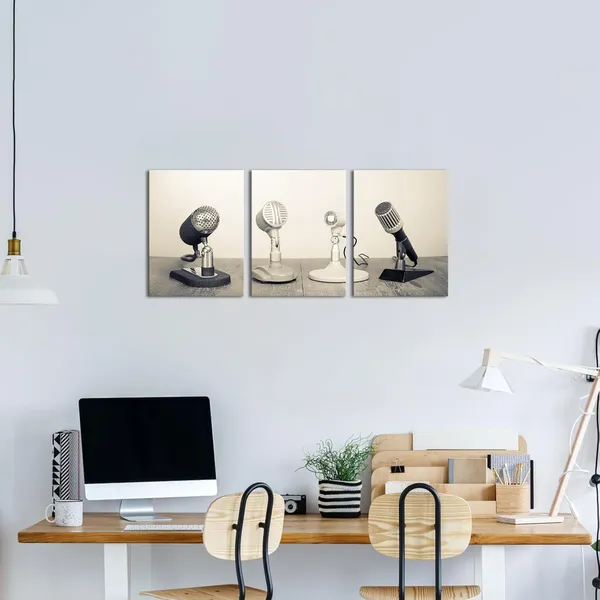 White_3_Pieces_Vintage_Microphones_Raido_Pictures_Canvas_Wall_Art_Black_And_White_Retro_Press_Conference_Prints_Wall_Decor_Modern_Artwork_|_For_Living_Room_Office_12"X16"X3Pcs