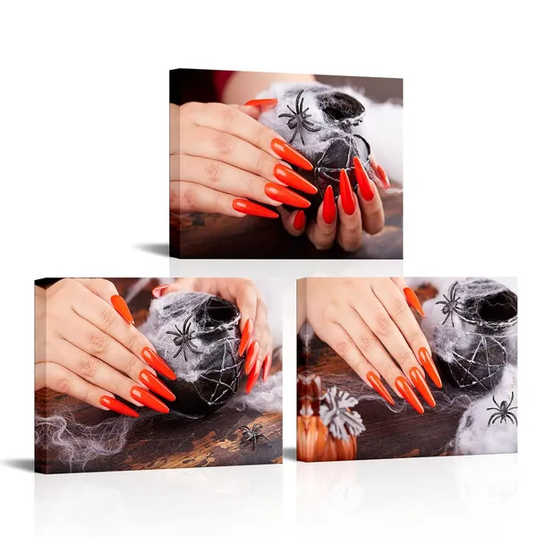 Gray_3_Pieces_Nail_Salon_Canvas_Art_Hands_With_Orange_Manicure_Spider_Painting_Fashion_Makeup_Spa_Picture_Artwork_|_For_Beauty_Salon_Wall_Decor_Framed_And_Ready_To_Hang_12X16Inchx3Pcs