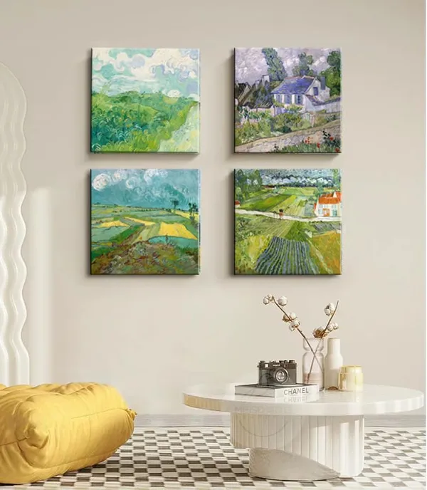 Green_Landscape_With_A_Carriage_By_Vincent_Van_Gogh_Classic_Oil_Paintings_Artwork,_Green_Wheat_Fields,_Houses_At_Auvers_Canvas_Wall_Art_Print_|_For_Living_Room,_Bedroom_Office_Bathroom_Decor_-_12"X12"