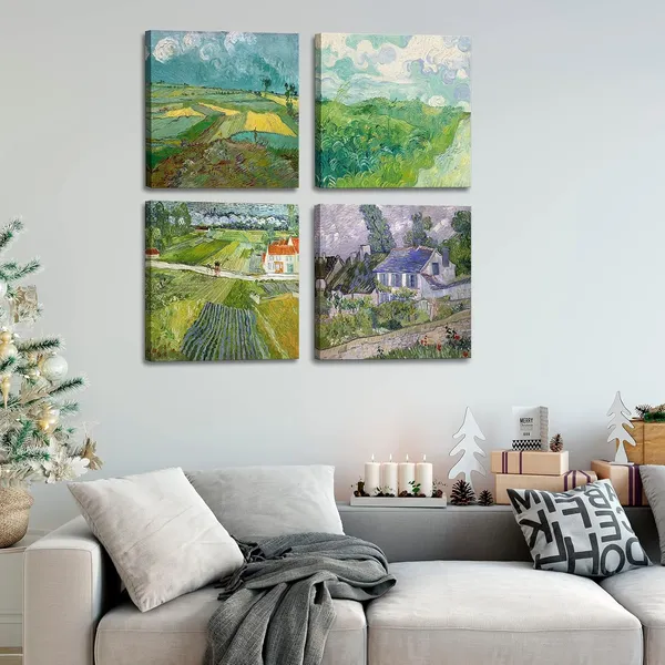 Green_Landscape_With_A_Carriage_By_Vincent_Van_Gogh_Classic_Oil_Paintings_Artwork,_Green_Wheat_Fields,_Houses_At_Auvers_Canvas_Wall_Art_Print_|_For_Living_Room,_Bedroom_Office_Bathroom_Decor_-_12"X12"