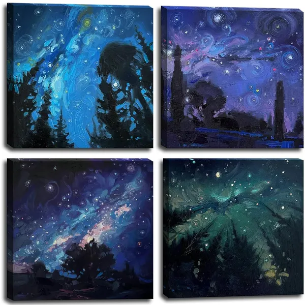 Multicolor_Blue_Starry_Night_Canvas_Wall_Art_|_Forest_Tree_Paintings_Decor_Abstract_Nature_Landscape_Artwork_Poster_Prints_Colorful_Space_Northern_Lights_Pictures_Decoration_|_For_Bedroom_Living_Room_Bathroom_Office