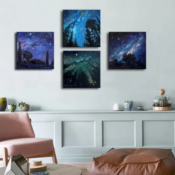 Multicolor_Blue_Starry_Night_Canvas_Wall_Art_|_Forest_Tree_Paintings_Decor_Abstract_Nature_Landscape_Artwork_Poster_Prints_Colorful_Space_Northern_Lights_Pictures_Decoration_|_For_Bedroom_Living_Room_Bathroom_Office