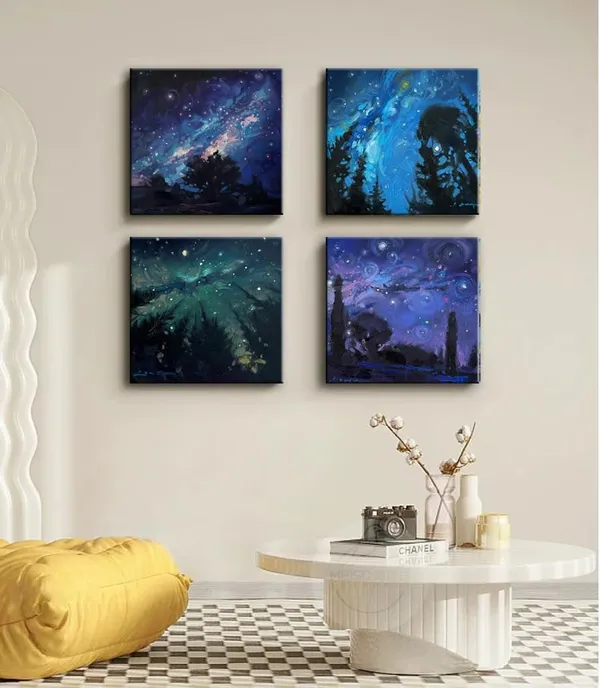 Multicolor_Blue_Starry_Night_Canvas_Wall_Art_|_Forest_Tree_Paintings_Decor_Abstract_Nature_Landscape_Artwork_Poster_Prints_Colorful_Space_Northern_Lights_Pictures_Decoration_|_For_Bedroom_Living_Room_Bathroom_Office