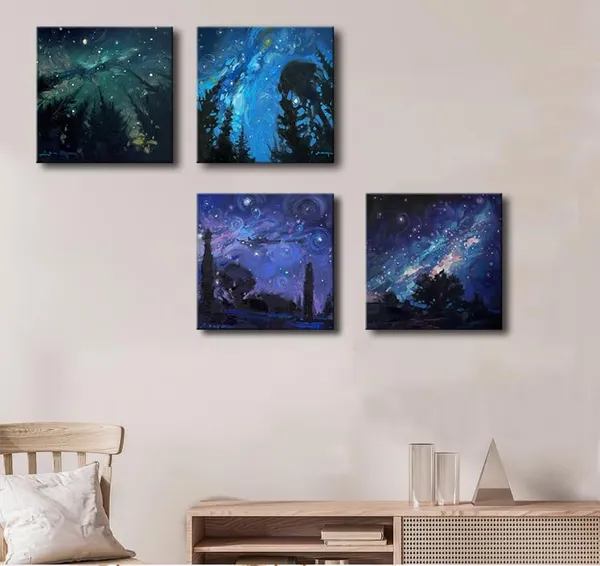 Multicolor_Blue_Starry_Night_Canvas_Wall_Art_|_Forest_Tree_Paintings_Decor_Abstract_Nature_Landscape_Artwork_Poster_Prints_Colorful_Space_Northern_Lights_Pictures_Decoration_|_For_Bedroom_Living_Room_Bathroom_Office