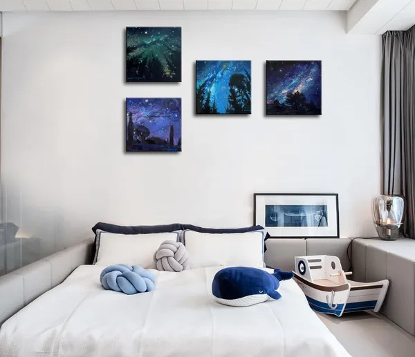 Multicolor_Blue_Starry_Night_Canvas_Wall_Art_|_Forest_Tree_Paintings_Decor_Abstract_Nature_Landscape_Artwork_Poster_Prints_Colorful_Space_Northern_Lights_Pictures_Decoration_|_For_Bedroom_Living_Room_Bathroom_Office