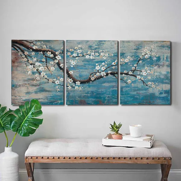 Blue_Ejart_Wall_Art_Hand-Painted_Framed_Flower_Oil_Painting_On_Canvas_Gallery_Wrapped_Modern_Floral_Artwork_|_For_Living_Room_Bedroomdecor_(Teal_Blue_Lake,_36"X16")_-_3_Piece