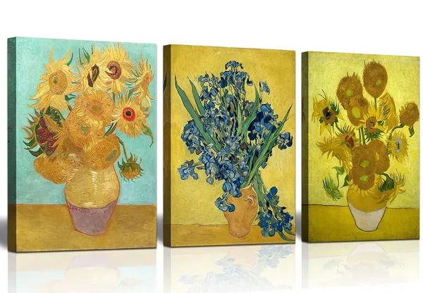 Multicolor_3_Panel_Sunflower_And_Irises_By_Vincent_Van_Gogh_Oil_Paintings_Reproduction_Modern_Floral_Giclee_Canvas_Prints_Artwork_Flowers_Pictures_Canvas_Wall_Art_|_For_Bedroom_Wall_Decor_-_16"X24"X3_Piece