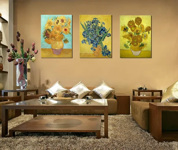 Multicolor_3_Panel_Sunflower_And_Irises_By_Vincent_Van_Gogh_Oil_Paintings_Reproduction_Modern_Floral_Giclee_Canvas_Prints_Artwork_Flowers_Pictures_Canvas_Wall_Art_|_For_Bedroom_Wall_Decor_-_16"X24"X3_Piece