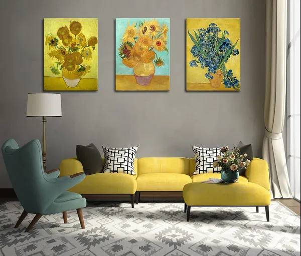 Multicolor_3_Panel_Sunflower_And_Irises_By_Vincent_Van_Gogh_Oil_Paintings_Reproduction_Modern_Floral_Giclee_Canvas_Prints_Artwork_Flowers_Pictures_Canvas_Wall_Art_|_For_Bedroom_Wall_Decor_-_16"X24"X3_Piece