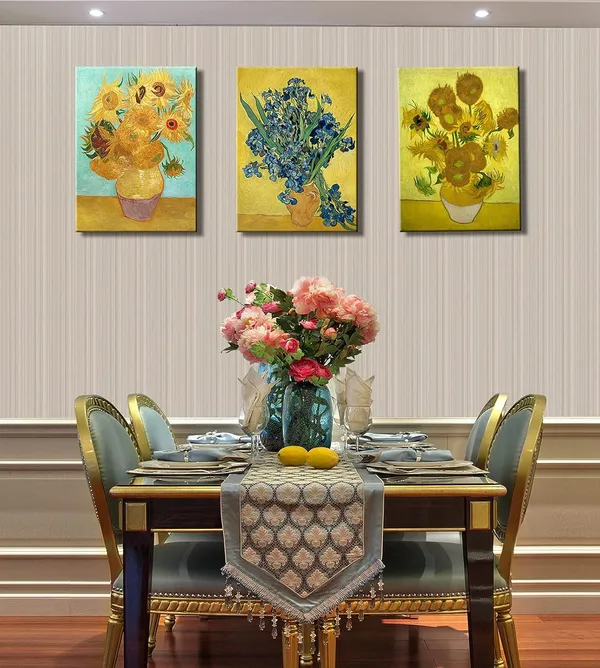 Multicolor_3_Panel_Sunflower_And_Irises_By_Vincent_Van_Gogh_Oil_Paintings_Reproduction_Modern_Floral_Giclee_Canvas_Prints_Artwork_Flowers_Pictures_Canvas_Wall_Art_|_For_Bedroom_Wall_Decor_-_16"X24"X3_Piece