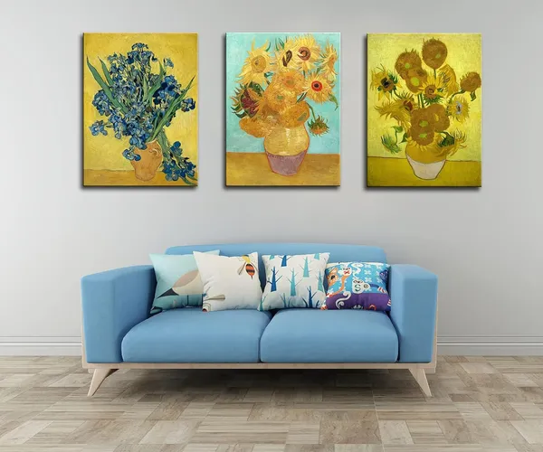 Multicolor_3_Panel_Sunflower_And_Irises_By_Vincent_Van_Gogh_Oil_Paintings_Reproduction_Modern_Floral_Giclee_Canvas_Prints_Artwork_Flowers_Pictures_Canvas_Wall_Art_|_For_Bedroom_Wall_Decor_-_16"X24"X3_Piece
