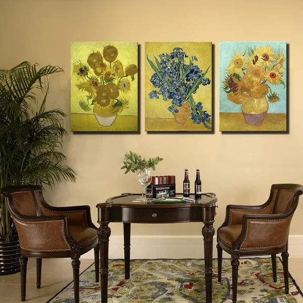 Multicolor_3_Panel_Sunflower_And_Irises_By_Vincent_Van_Gogh_Oil_Paintings_Reproduction_Modern_Floral_Giclee_Canvas_Prints_Artwork_Flowers_Pictures_Canvas_Wall_Art_|_For_Bedroom_Wall_Decor_-_16"X24"X3_Piece