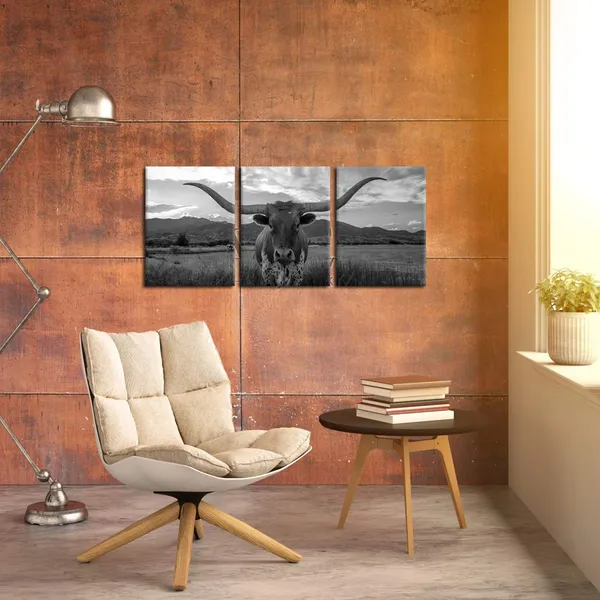 Multicolor_Farm_Animals_Art_Prints_Black_And_White_Highland_Cattle_With_Long_Horns_Picture_Printed_On_Canvas_Painting_|_For_Home_Decor_Modern_Living_Room_Decorations_Framed_Ready_To_Hang_12X16Inchx3Pcs