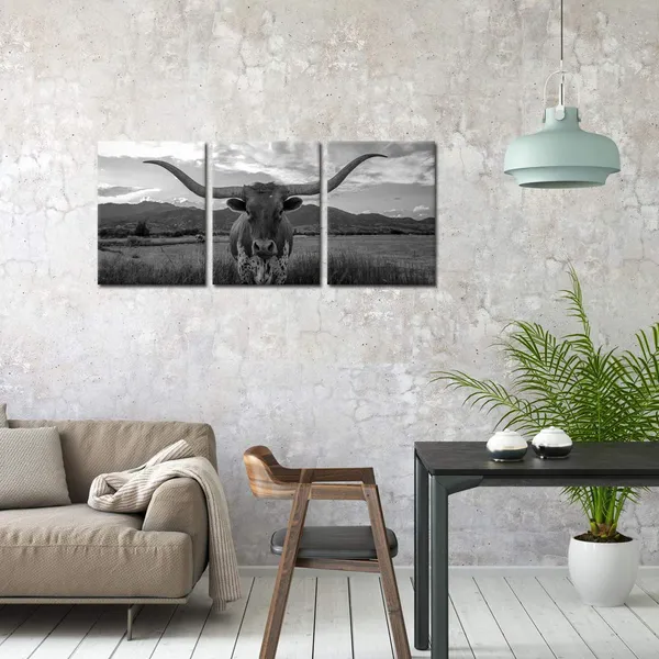 Multicolor_Farm_Animals_Art_Prints_Black_And_White_Highland_Cattle_With_Long_Horns_Picture_Printed_On_Canvas_Painting_|_For_Home_Decor_Modern_Living_Room_Decorations_Framed_Ready_To_Hang_12X16Inchx3Pcs