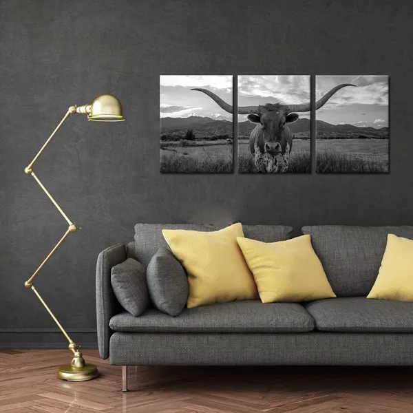 Multicolor_Farm_Animals_Art_Prints_Black_And_White_Highland_Cattle_With_Long_Horns_Picture_Printed_On_Canvas_Painting_|_For_Home_Decor_Modern_Living_Room_Decorations_Framed_Ready_To_Hang_12X16Inchx3Pcs