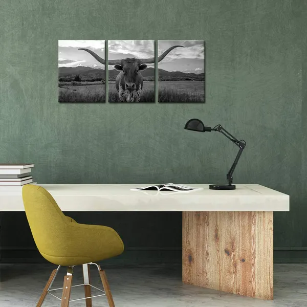 Multicolor_Farm_Animals_Art_Prints_Black_And_White_Highland_Cattle_With_Long_Horns_Picture_Printed_On_Canvas_Painting_|_For_Home_Decor_Modern_Living_Room_Decorations_Framed_Ready_To_Hang_12X16Inchx3Pcs