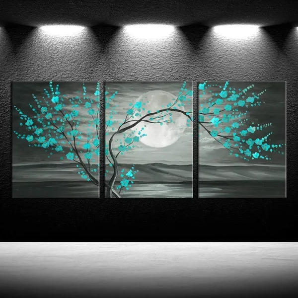 Multicolor_3Pcs_Grey_And_Teal_Floral_Canvas_Prints_Framed_Plum_Blossom_Tree_Oil_Painting_Printed_On_Canvas_Gallery_Wrapped_Full_Moon_Flower_Landscape_Pictures_Living_Room_Traditional_Paintings