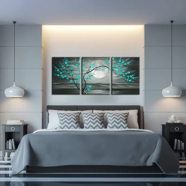 Multicolor_3Pcs_Grey_And_Teal_Floral_Canvas_Prints_Framed_Plum_Blossom_Tree_Oil_Painting_Printed_On_Canvas_Gallery_Wrapped_Full_Moon_Flower_Landscape_Pictures_Living_Room_Traditional_Paintings