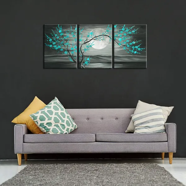 Multicolor_3Pcs_Grey_And_Teal_Floral_Canvas_Prints_Framed_Plum_Blossom_Tree_Oil_Painting_Printed_On_Canvas_Gallery_Wrapped_Full_Moon_Flower_Landscape_Pictures_Living_Room_Traditional_Paintings