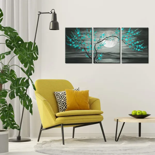 Multicolor_3Pcs_Grey_And_Teal_Floral_Canvas_Prints_Framed_Plum_Blossom_Tree_Oil_Painting_Printed_On_Canvas_Gallery_Wrapped_Full_Moon_Flower_Landscape_Pictures_Living_Room_Traditional_Paintings