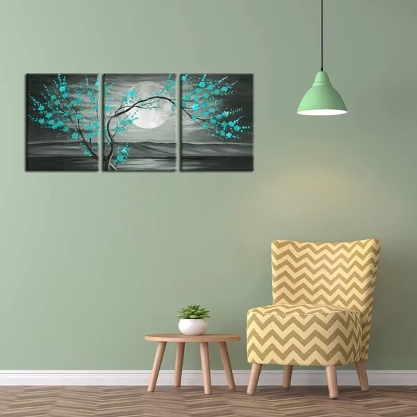 Multicolor_3Pcs_Grey_And_Teal_Floral_Canvas_Prints_Framed_Plum_Blossom_Tree_Oil_Painting_Printed_On_Canvas_Gallery_Wrapped_Full_Moon_Flower_Landscape_Pictures_Living_Room_Traditional_Paintings