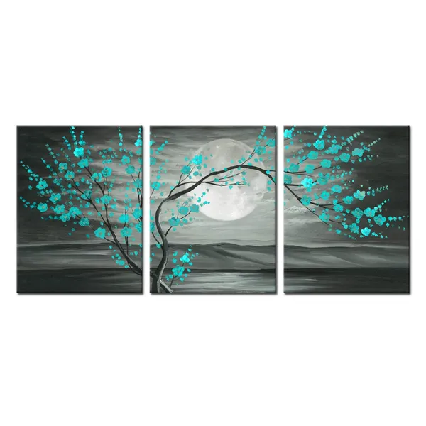 Multicolor_3Pcs_Grey_And_Teal_Floral_Canvas_Prints_Framed_Plum_Blossom_Tree_Oil_Painting_Printed_On_Canvas_Gallery_Wrapped_Full_Moon_Flower_Landscape_Pictures_Living_Room_Traditional_Paintings