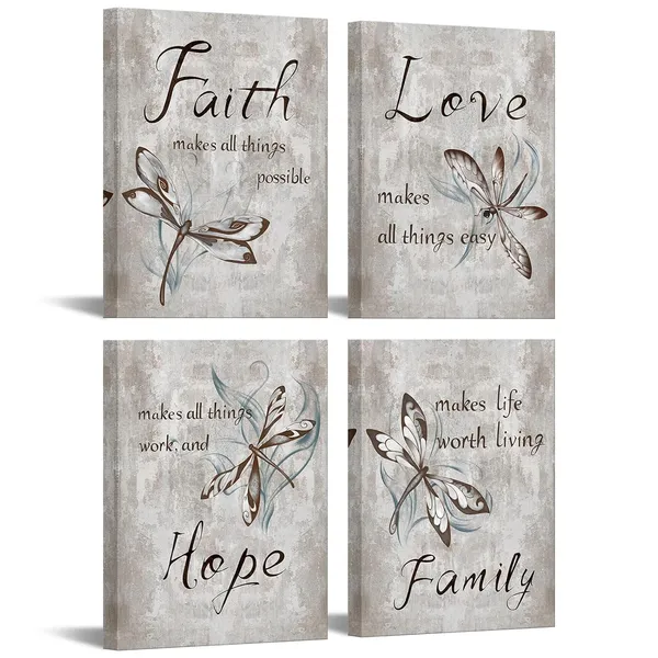 Multicolor_4_Piece_Insect_Painting_Dragonfly_Canvas_Wall_Art_Prints_Faith_Love_Hope_Family_Quote_Decor_Sign_Framed_Artwork_Rustic_Inspirational_Quotes_Canvas_Prints_|_For_Kitchen_Living_Room_Decoration_Each_Panel_12X16Inch