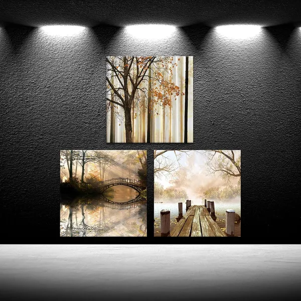 Yellow_3Pieces_|_Forest_Tree_Canvas_Wall_Art_Bridge_Over_Lake_Painting_Autumn_Tree_|_Forest_Nature_Landscape_In_Park_Modern_Picture_Print_On_Canvas_Artwork_|_For_Home_Office_Decoration_12X12Inchx3Pcs