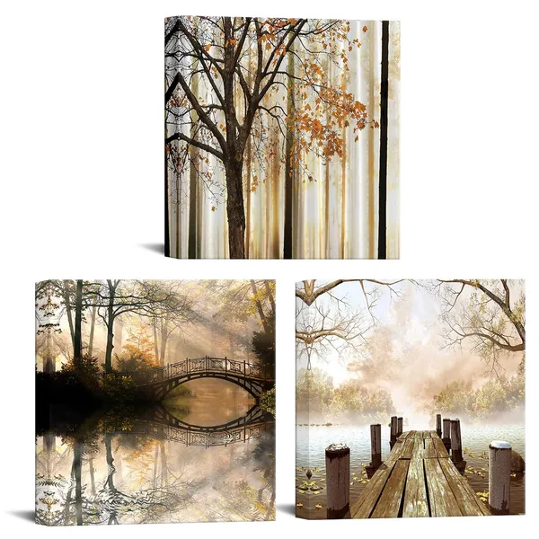 Yellow_3Pieces_|_Forest_Tree_Canvas_Wall_Art_Bridge_Over_Lake_Painting_Autumn_Tree_|_Forest_Nature_Landscape_In_Park_Modern_Picture_Print_On_Canvas_Artwork_|_For_Home_Office_Decoration_12X12Inchx3Pcs