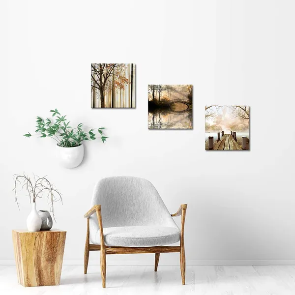 Yellow_3Pieces_|_Forest_Tree_Canvas_Wall_Art_Bridge_Over_Lake_Painting_Autumn_Tree_|_Forest_Nature_Landscape_In_Park_Modern_Picture_Print_On_Canvas_Artwork_|_For_Home_Office_Decoration_12X12Inchx3Pcs