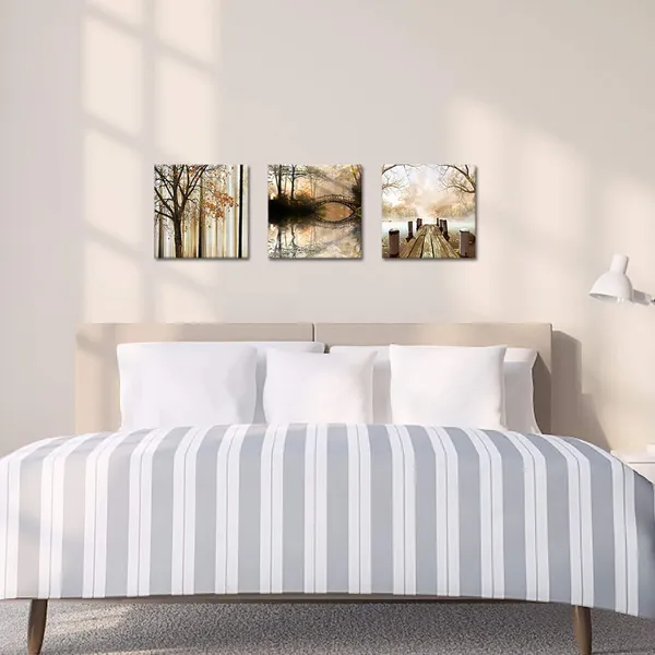Yellow_3Pieces_|_Forest_Tree_Canvas_Wall_Art_Bridge_Over_Lake_Painting_Autumn_Tree_|_Forest_Nature_Landscape_In_Park_Modern_Picture_Print_On_Canvas_Artwork_|_For_Home_Office_Decoration_12X12Inchx3Pcs