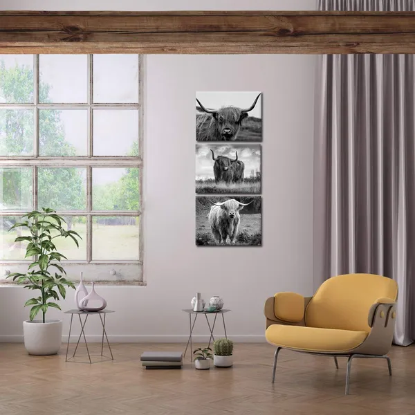 Multicolor_Canvas_Print_Wall_Art_Black_And_White_Freedom_Highland_Cow_Pictures_Painting_|_For_Living_Room_Bedroom_Modern_Home_Decor_Ready_To_Hang_Stretched_And_Framed_Artwork_12X16Inchx3Pcs