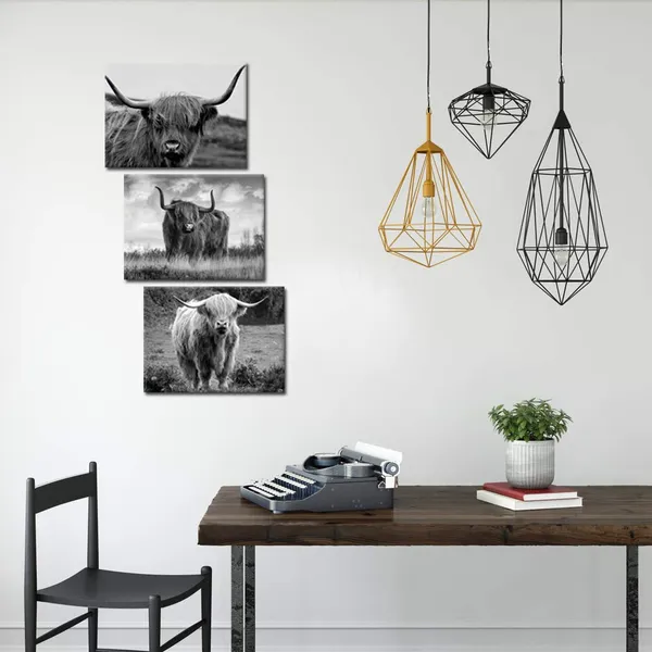 Multicolor_Canvas_Print_Wall_Art_Black_And_White_Freedom_Highland_Cow_Pictures_Painting_|_For_Living_Room_Bedroom_Modern_Home_Decor_Ready_To_Hang_Stretched_And_Framed_Artwork_12X16Inchx3Pcs
