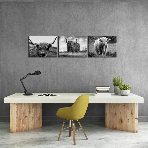 Multicolor_Canvas_Print_Wall_Art_Black_And_White_Freedom_Highland_Cow_Pictures_Painting_|_For_Living_Room_Bedroom_Modern_Home_Decor_Ready_To_Hang_Stretched_And_Framed_Artwork_12X16Inchx3Pcs