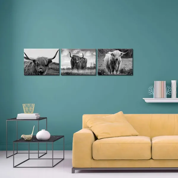 Multicolor_Canvas_Print_Wall_Art_Black_And_White_Freedom_Highland_Cow_Pictures_Painting_|_For_Living_Room_Bedroom_Modern_Home_Decor_Ready_To_Hang_Stretched_And_Framed_Artwork_12X16Inchx3Pcs