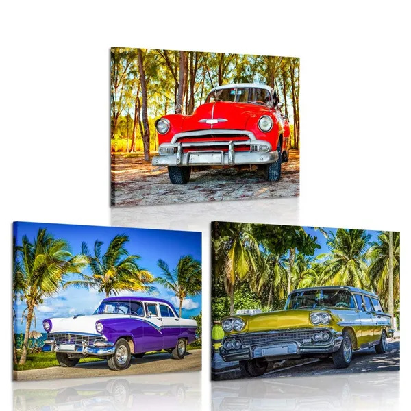 Multicolor_3_Piece_Wall_Art_American_Classic_Car_On_The_Beach_Cayo_Jutias_Canvas_Prints_Picture_Decor_Vintage_Car_Poster_Print_Stretched_And_Framed_Ready_To_Hang_|_For_Boys_Room_12X16Inchx3Pcs