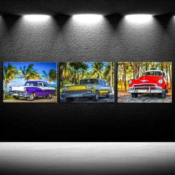 Multicolor_3_Piece_Wall_Art_American_Classic_Car_On_The_Beach_Cayo_Jutias_Canvas_Prints_Picture_Decor_Vintage_Car_Poster_Print_Stretched_And_Framed_Ready_To_Hang_|_For_Boys_Room_12X16Inchx3Pcs
