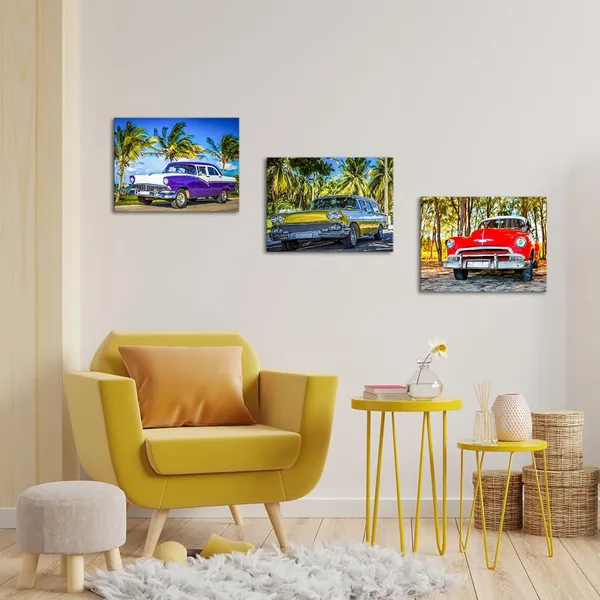 Multicolor_3_Piece_Wall_Art_American_Classic_Car_On_The_Beach_Cayo_Jutias_Canvas_Prints_Picture_Decor_Vintage_Car_Poster_Print_Stretched_And_Framed_Ready_To_Hang_|_For_Boys_Room_12X16Inchx3Pcs