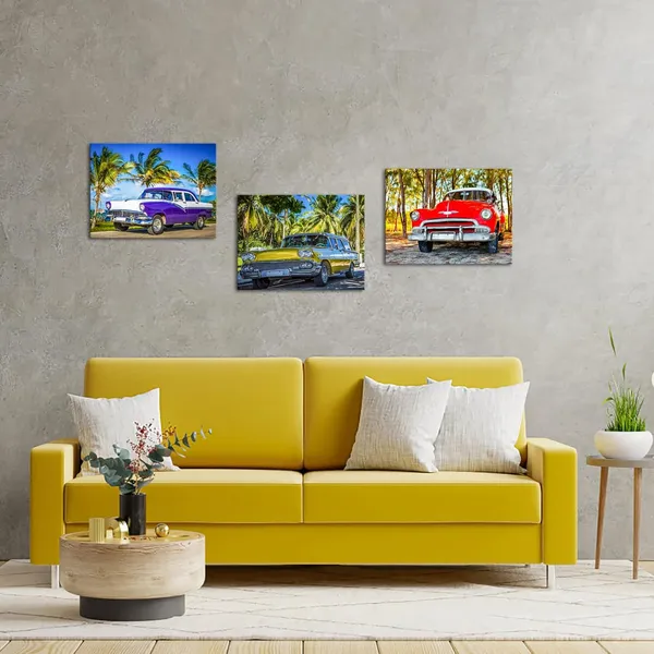 Multicolor_3_Piece_Wall_Art_American_Classic_Car_On_The_Beach_Cayo_Jutias_Canvas_Prints_Picture_Decor_Vintage_Car_Poster_Print_Stretched_And_Framed_Ready_To_Hang_|_For_Boys_Room_12X16Inchx3Pcs