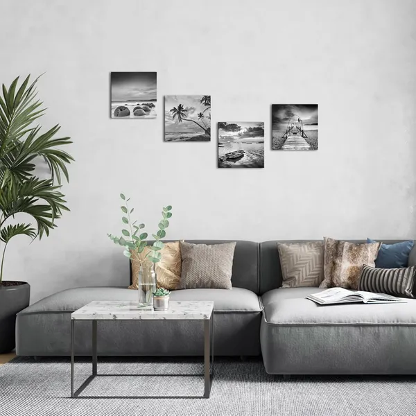 Multicolor_4_Pieces_Stunning_Black_And_White_Beach_Canvas_Art_Elegant_Seascape_Wall_Decor_Modern_Minimalist_Ocean_View_Picture_Giclee_Canvas_Print_Framed_Arts_Each_12X12''
