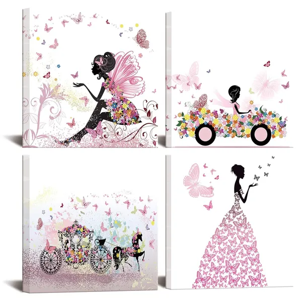 Pink_4Pcs_Pink_Canvas_Wall_Art_Fairy_Girl_Flying_Butterflies_Canvas_Prints_Stretched_And_Framed_Ready_To_Hang_Giclee_Artworks_|_For_Valentine'S_Day_Wedding_Gifts_Each_Size_12X12