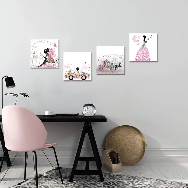 Pink_4Pcs_Pink_Canvas_Wall_Art_Fairy_Girl_Flying_Butterflies_Canvas_Prints_Stretched_And_Framed_Ready_To_Hang_Giclee_Artworks_|_For_Valentine'S_Day_Wedding_Gifts_Each_Size_12X12