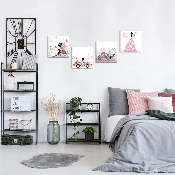 Pink_4Pcs_Pink_Canvas_Wall_Art_Fairy_Girl_Flying_Butterflies_Canvas_Prints_Stretched_And_Framed_Ready_To_Hang_Giclee_Artworks_|_For_Valentine'S_Day_Wedding_Gifts_Each_Size_12X12
