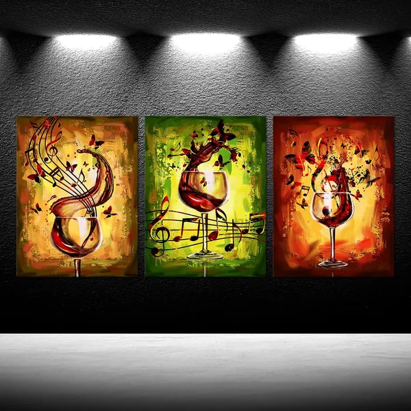 Multicolor_Framed_Ready_To_Hang_3_Piece_Canvas_Wall_Art_-_12X16_Inch_Panels,_Red_Wine_Glass_And_Music_Note_Abstract_Rustic_Painting,_Giclee_Prints_|_For_Kitchen,_Bar,_And_Dining_Room_Decor