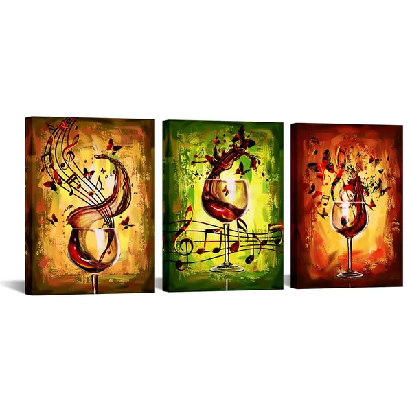 Multicolor_Framed_Ready_To_Hang_3_Piece_Canvas_Wall_Art_-_12X16_Inch_Panels,_Red_Wine_Glass_And_Music_Note_Abstract_Rustic_Painting,_Giclee_Prints_|_For_Kitchen,_Bar,_And_Dining_Room_Decor